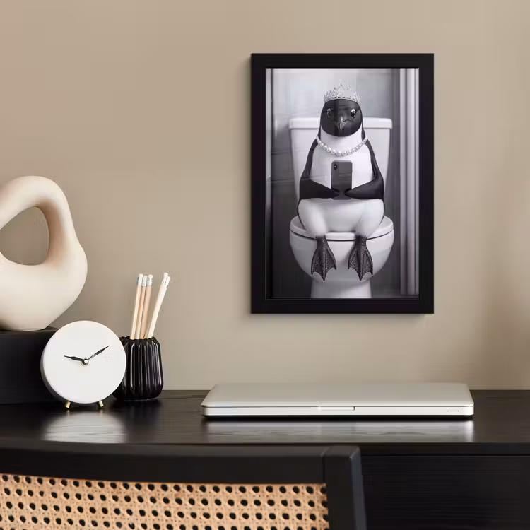 Pinguïn - Telefoon - Toilet - Zwart - Wit fotolijst zwart zonder passe partout klein -sfeer1