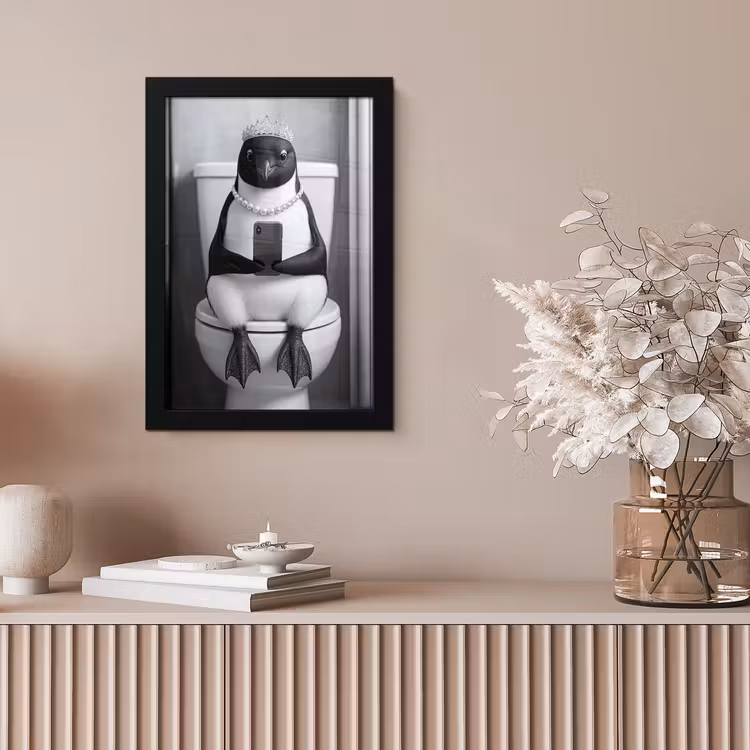 Pinguïn - Telefoon - Toilet - Zwart - Wit fotolijst zwart zonder passe partout klein -sfeer5