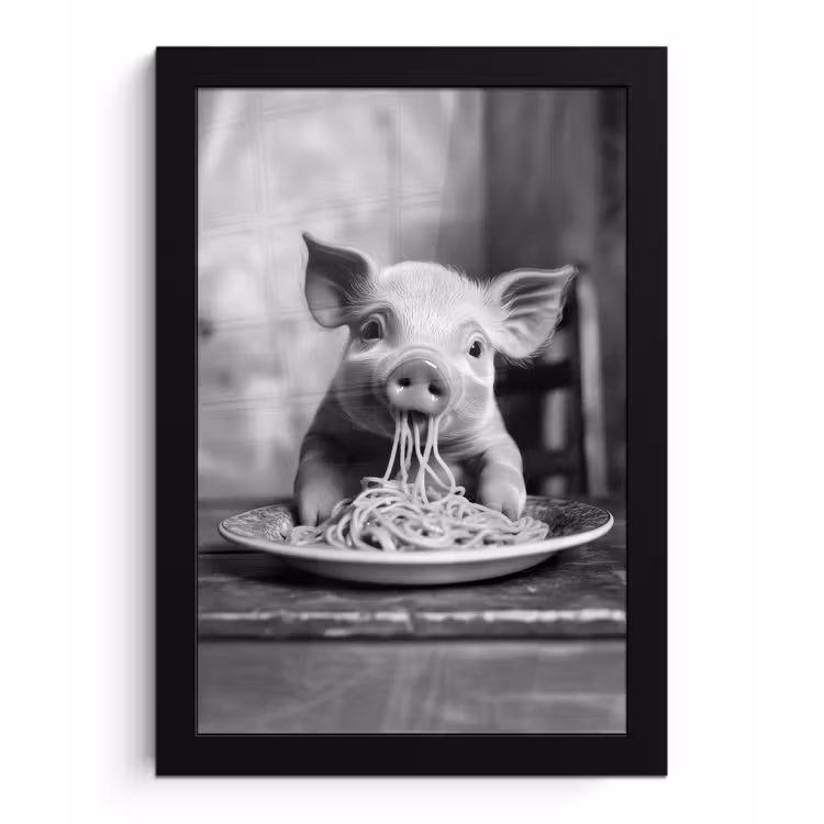 Varken - Schattig - Spaghetti - Zwart wit - Dier fotolijst zwart zonder passe partout klein -3d