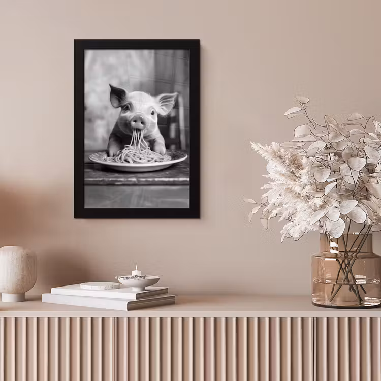 Varken - Schattig - Spaghetti - Zwart wit - Dier fotolijst zwart zonder passe partout klein -sfeer5