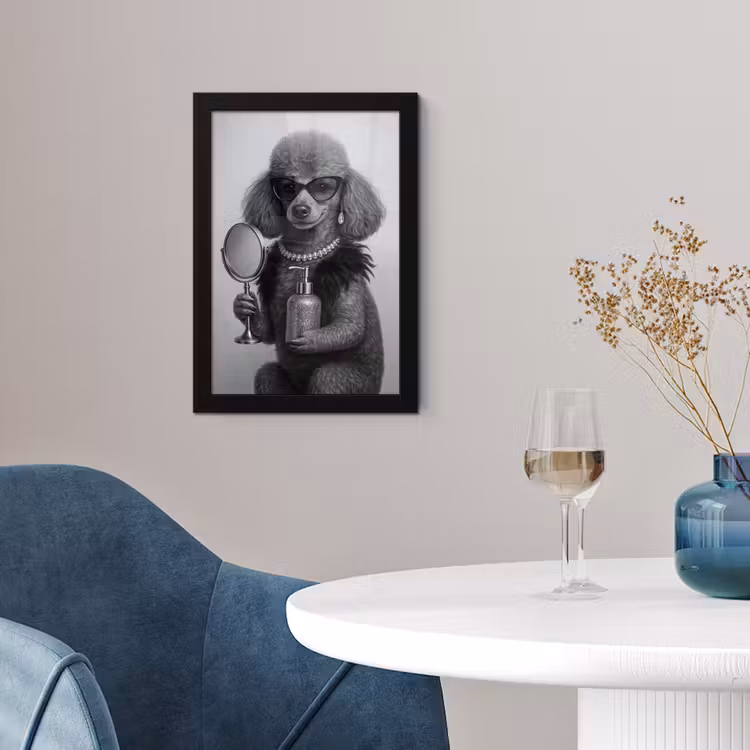 Poedel - Spiegel - Zwart - Wit fotolijst zwart zonder passe partout klein -sfeer4