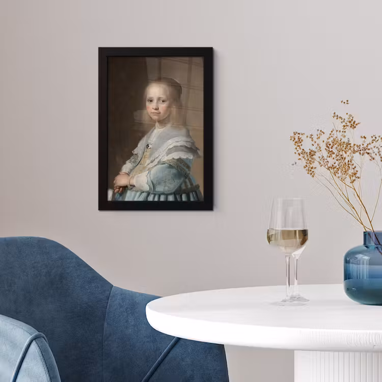 Portret van een meisje in het blauw - Schilderij van Johannes Cornelisz. Verspronck fotolijst zwart zonder passe partout klein -sfeer4