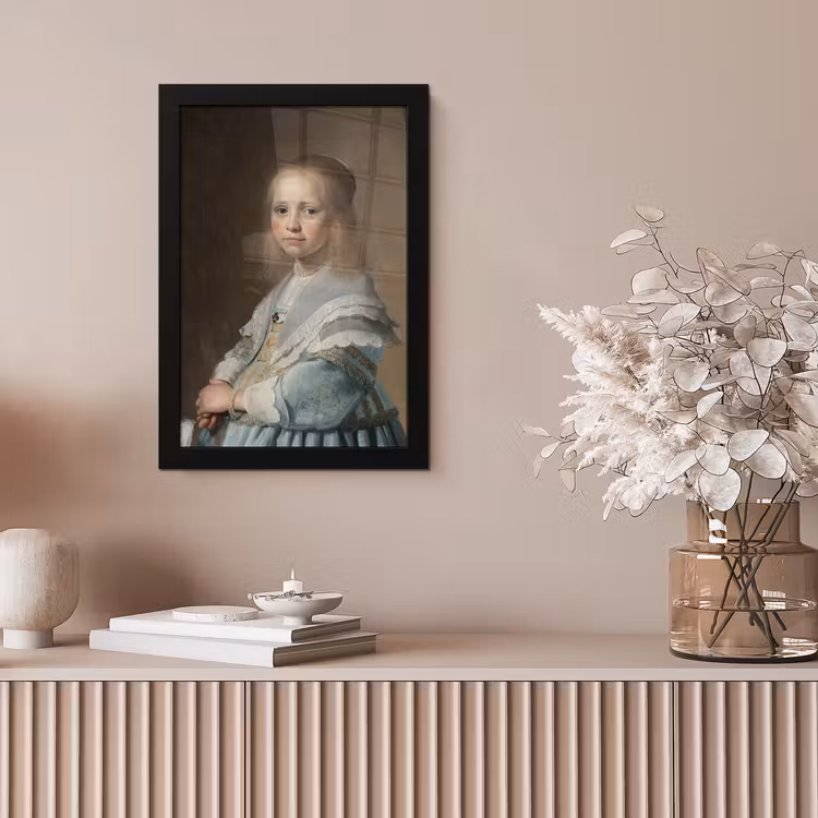Portret van een meisje in het blauw - Schilderij van Johannes Cornelisz. Verspronck fotolijst zwart zonder passe partout klein -sfeer5