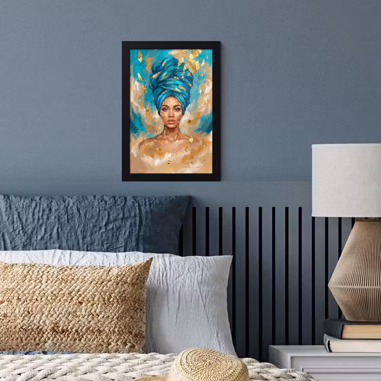 Portret - Vrouw - Schilderij - Blauw - Goud - Expressief fotolijst zwart zonder passe partout klein -sfeer3