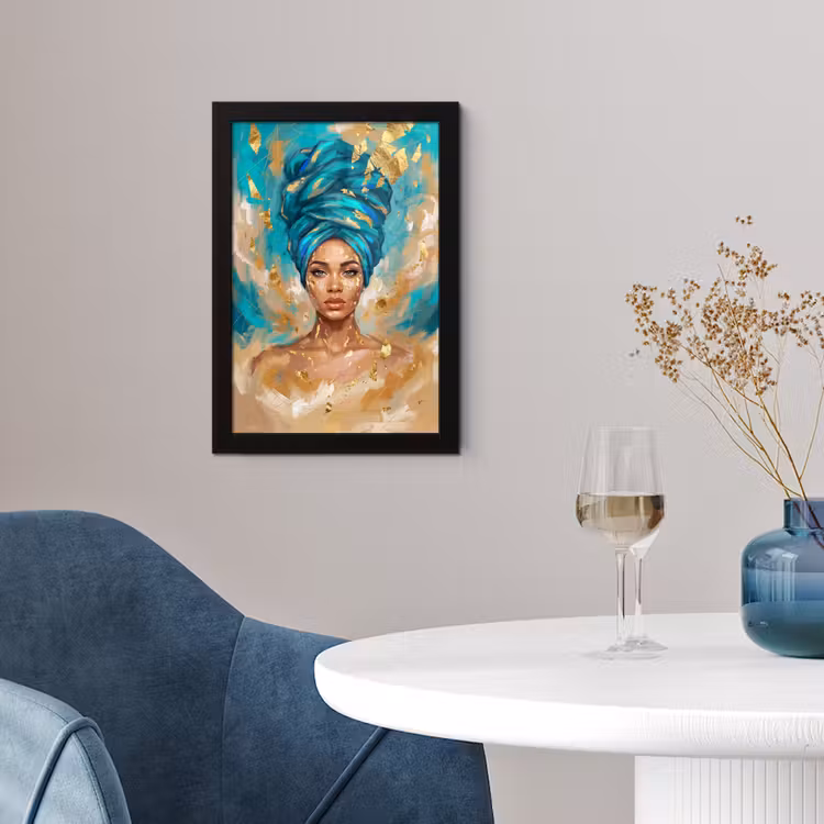 Portret - Vrouw - Schilderij - Blauw - Goud - Expressief fotolijst zwart zonder passe partout klein -sfeer4