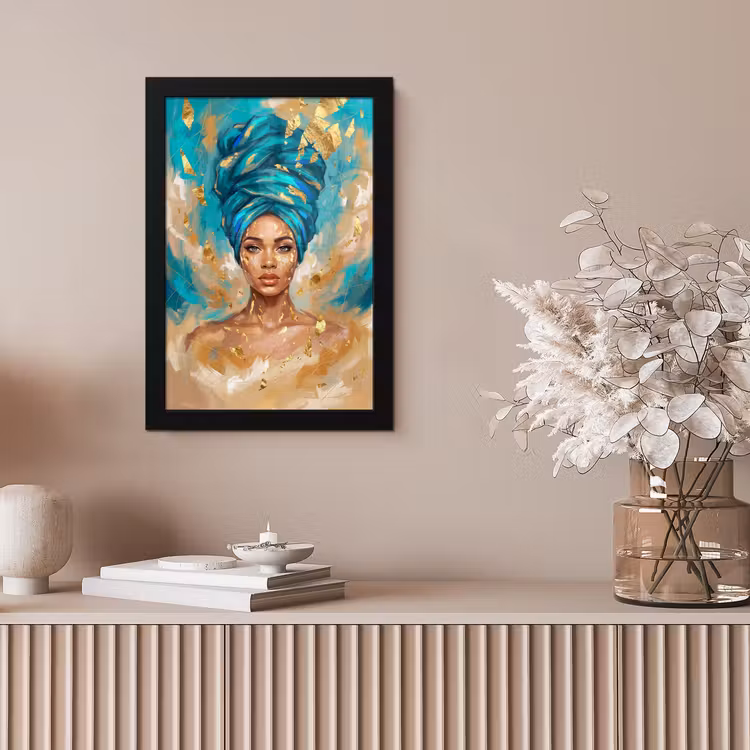 Portret - Vrouw - Schilderij - Blauw - Goud - Expressief fotolijst zwart zonder passe partout klein -sfeer5