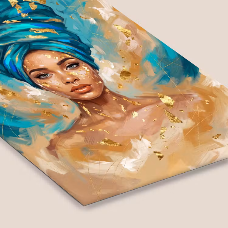 Portret - Vrouw - Schilderij - Blauw - Goud - Expressief fotolijst zwart zonder passe partout klein -zsfeer6