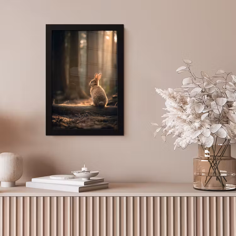 Konijn - Bos - Zonnestralen fotolijst zwart zonder passe partout klein -sfeer5