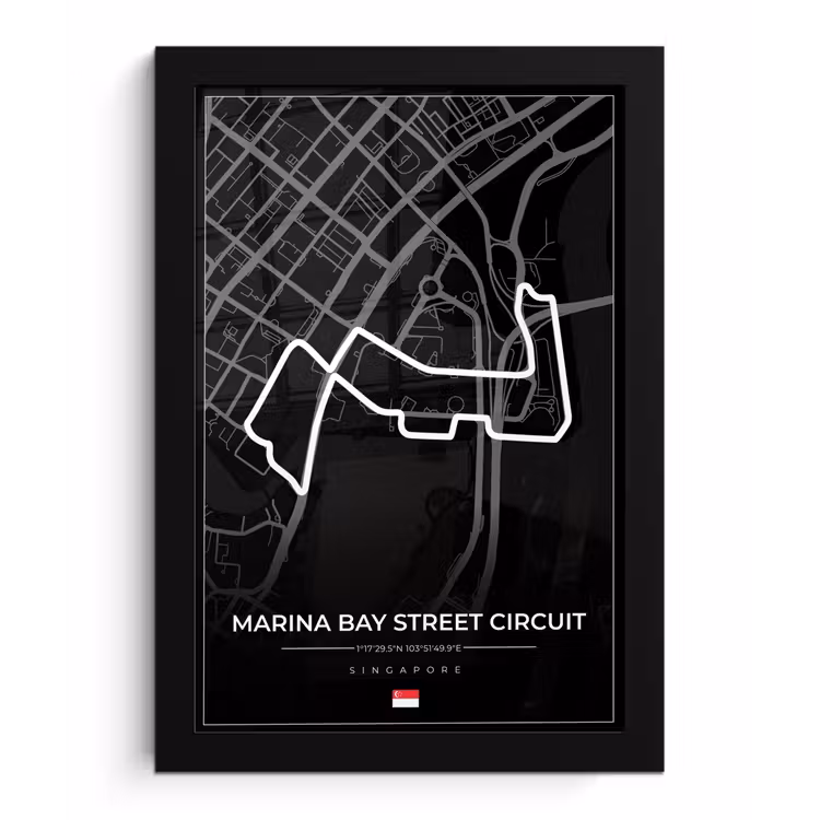 Racing - Sport - Racebaan - Singapore - Marina Bay Street Circuit - Zwart fotolijst zwart zonder passe partout klein -3d