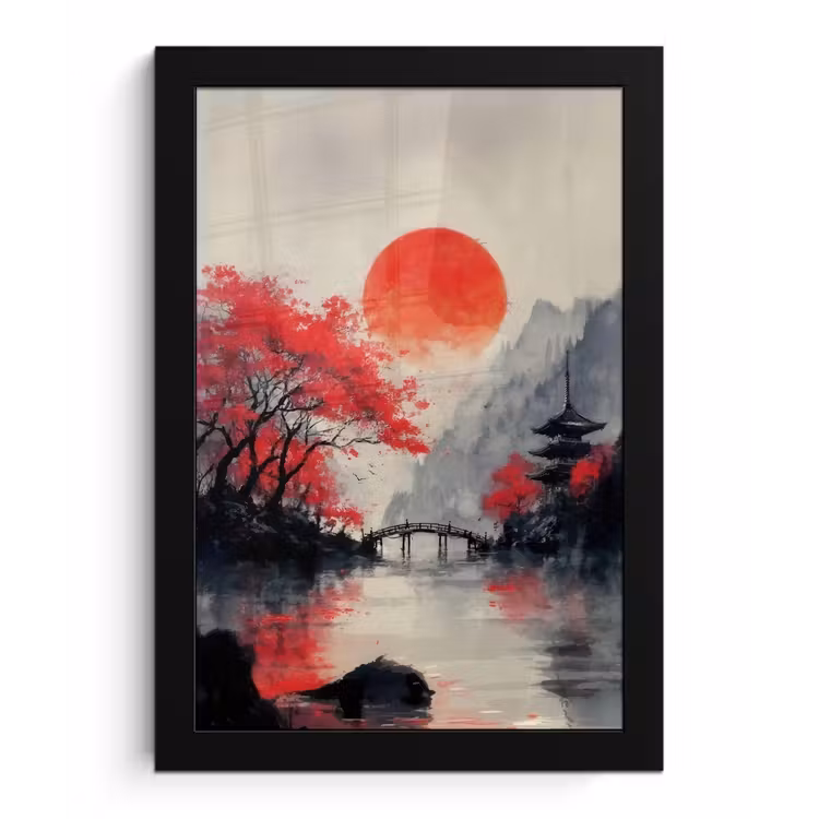 Rode zon - Rivier - brug - Bomen fotolijst zwart zonder passe partout klein -3d