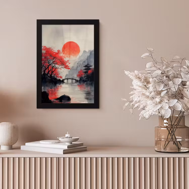 Rode zon - Rivier - brug - Bomen fotolijst zwart zonder passe partout klein -sfeer5