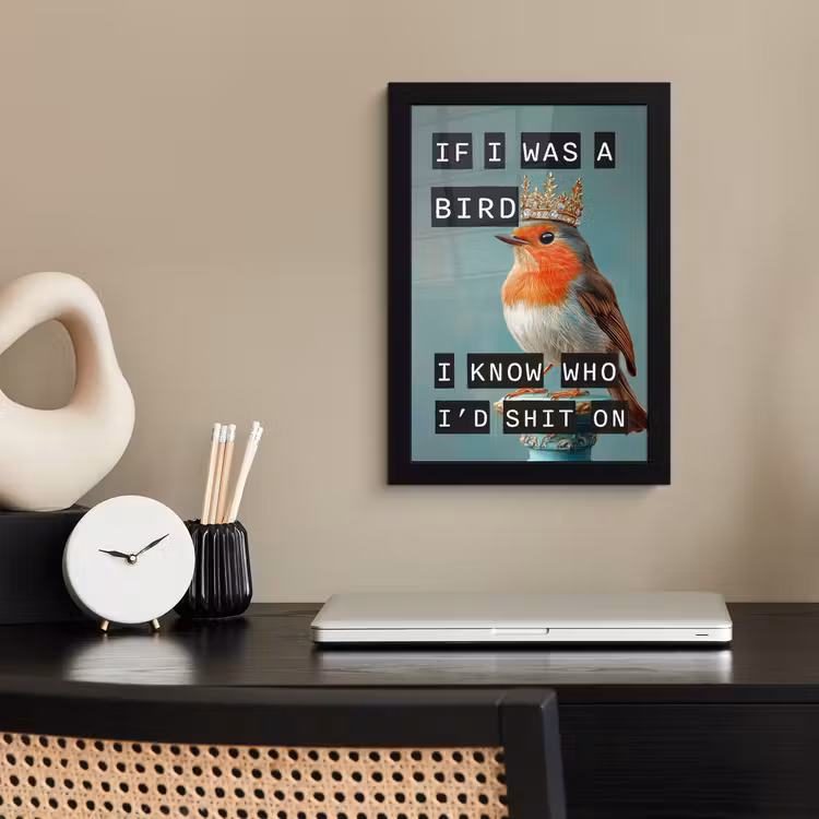 Roodborstje - Vogel - Blauw - Decoratie fotolijst zwart zonder passe partout klein -sfeer1
