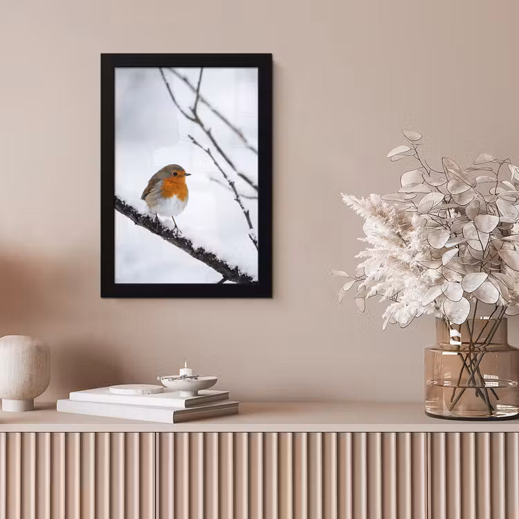 Roodborstje - Tak - Sneeuw - Winter - Levendig fotolijst zwart zonder passe partout klein -sfeer5