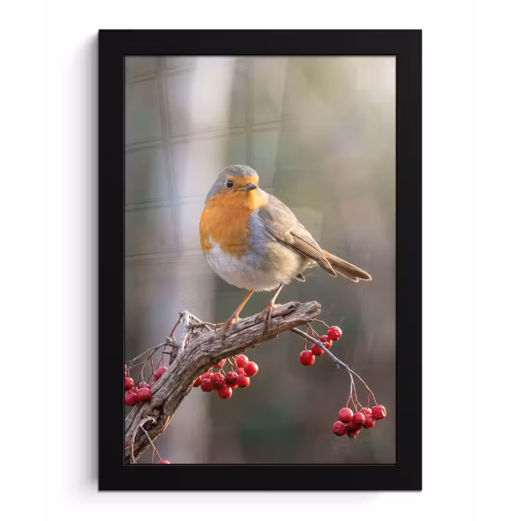 Roodborst - Tak - Bessen - Natuur fotolijst zwart zonder passe partout klein -3d