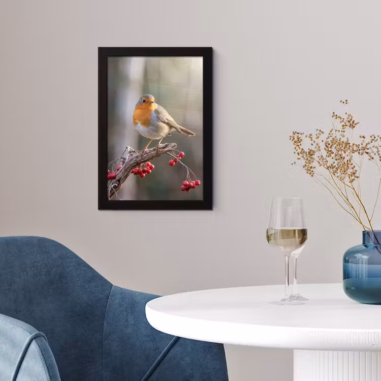 Roodborst - Tak - Bessen - Natuur fotolijst zwart zonder passe partout klein -sfeer4