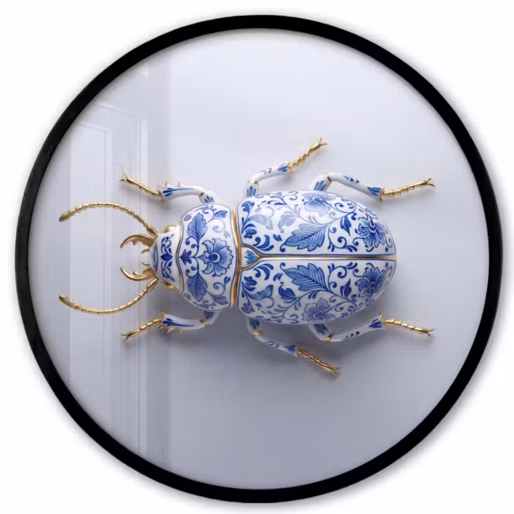 Kever - Delfts  - Blauw - Goud Fotolijst rond zonder passe partout klein -3d