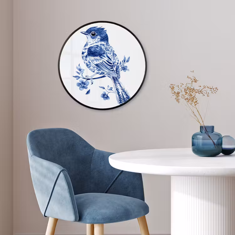 Vogel - Delfts blauw - Illustratie - Bloemen Fotolijst rond zonder passe partout klein -sfeer2