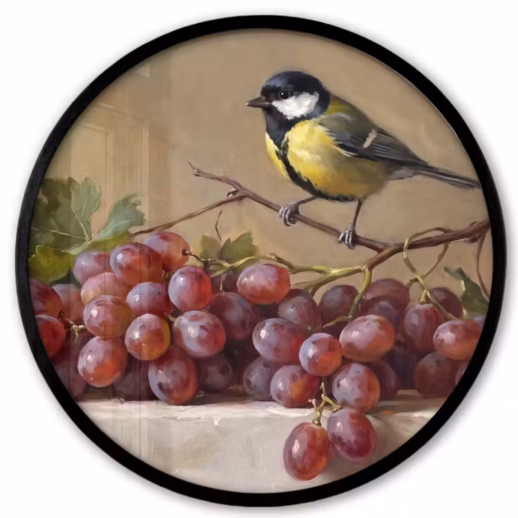 Photo Frame Round - Bird - Grapes - Still Life - Vogel - Druiven - Stilleven Fotolijst rond zonder passe partout klein
