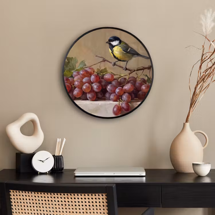 Photo Frame Round - Bird - Grapes - Still Life - Vogel - Druiven - Stilleven Fotolijst rond zonder passe partout klein