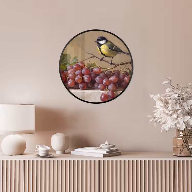 Photo Frame Round - Bird - Grapes - Still Life - Vogel - Druiven - Stilleven Fotolijst rond zonder passe partout klein