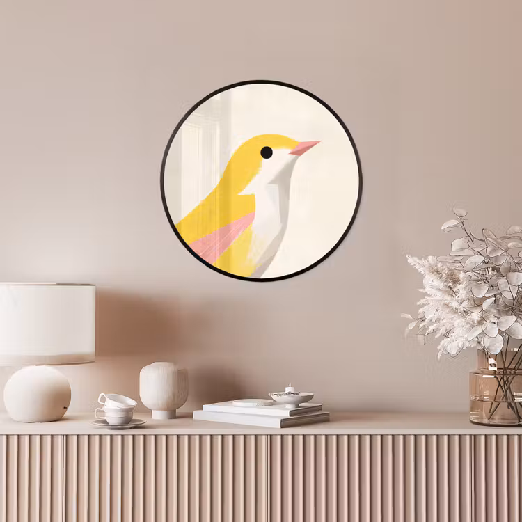 Vogel - Minimalistisch - Geel Fotolijst rond zonder passe partout klein -sfeer3