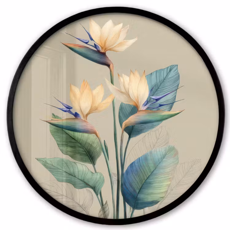 Paradijsvogelbloemen - Blauwgroene bladeren - Beige Fotolijst rond zonder passe partout klein -3d