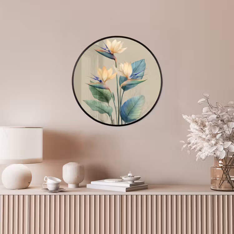 Paradijsvogelbloemen - Blauwgroene bladeren - Beige Fotolijst rond zonder passe partout klein -sfeer3