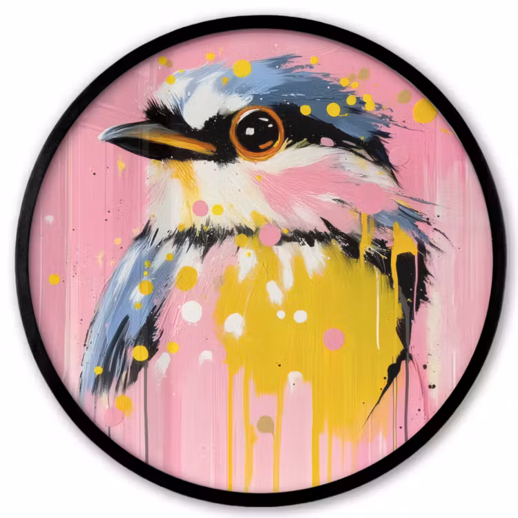Vogel - Roze - Geel - Blauw Fotolijst rond zonder passe partout klein -3d
