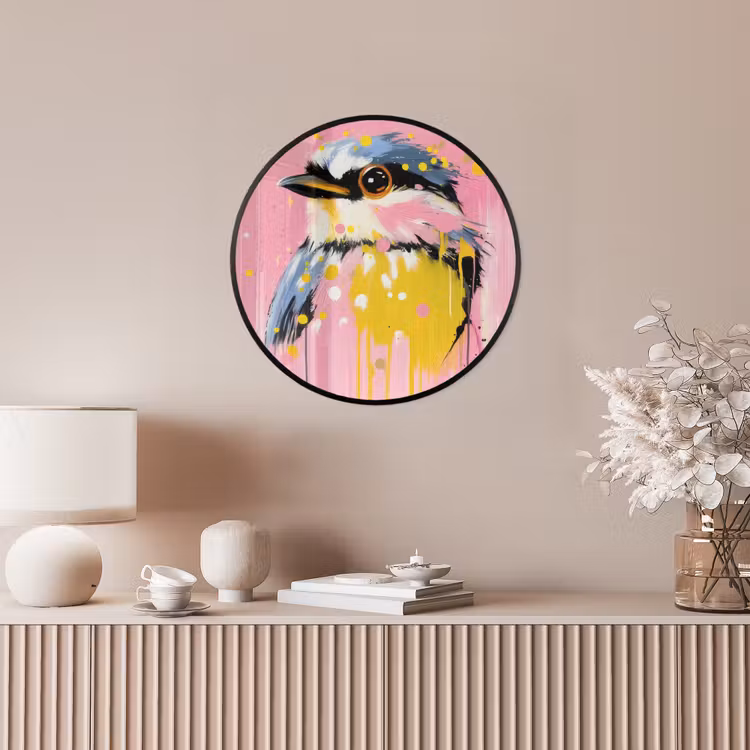 Vogel - Roze - Geel - Blauw Fotolijst rond zonder passe partout klein -sfeer3