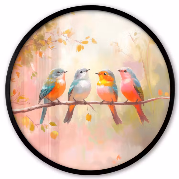 Vogels - Kleurrijk - Tak Fotolijst rond zonder passe partout klein -3d