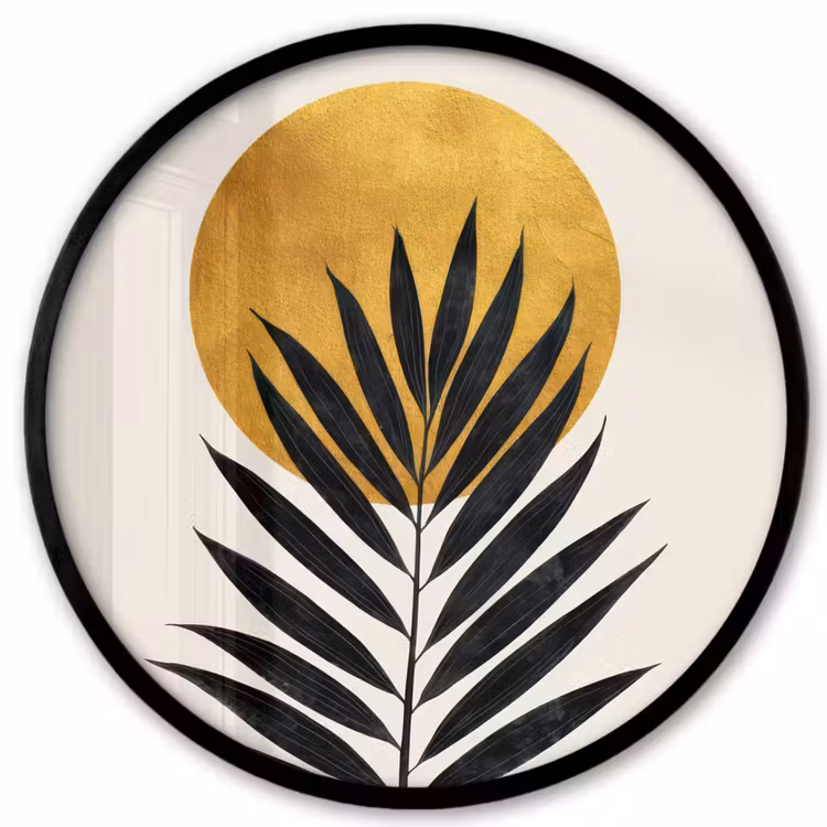 Zwart palmblad - Gouden cirkel - Beige achtergrond Fotolijst rond zonder passe partout klein -3d