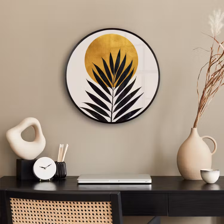 Zwart palmblad - Gouden cirkel - Beige achtergrond Fotolijst rond zonder passe partout klein -sfeer1