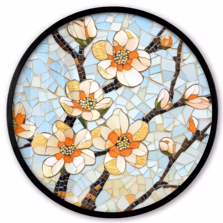 Bloesems - Wit - Mozaïek - Tak Fotolijst rond zonder passe partout klein -3d