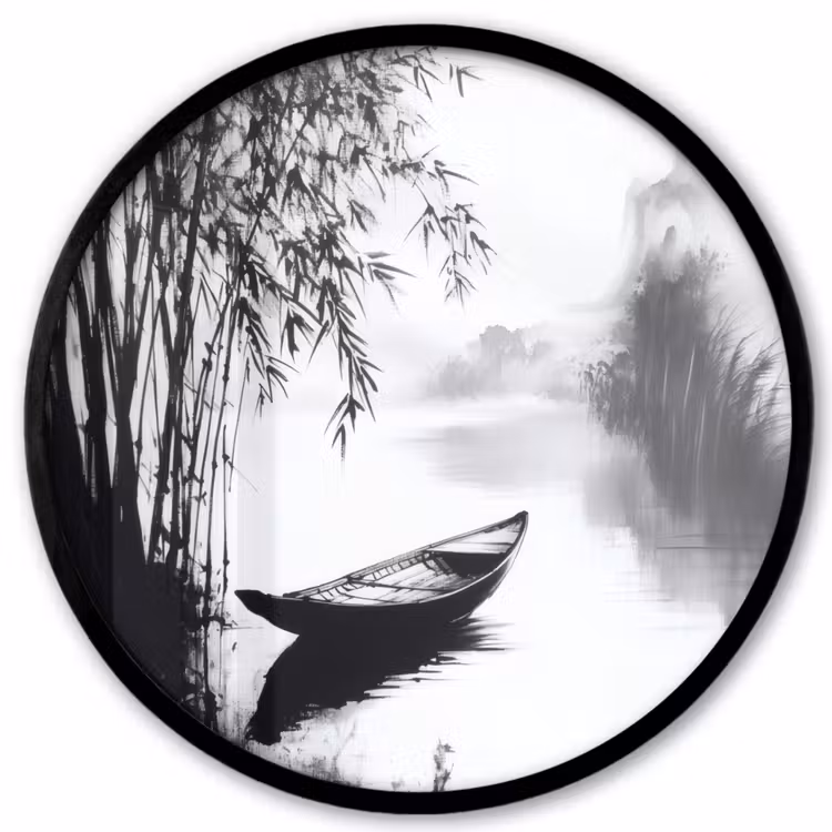 Boot - Rivier - Bamboe - Wit Fotolijst rond zonder passe partout klein -3d