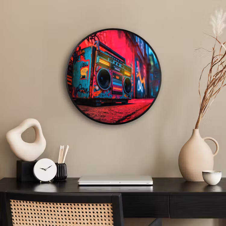 Boombox - Rood - Graffiti - Neon Fotolijst rond zonder passe partout klein -sfeer1