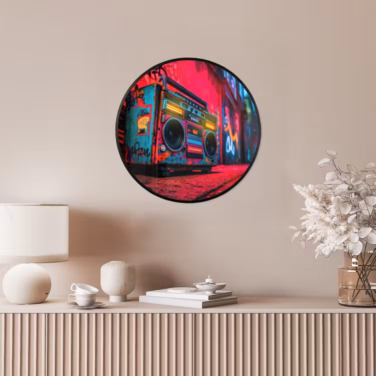 Boombox - Rood - Graffiti - Neon Fotolijst rond zonder passe partout klein -sfeer3