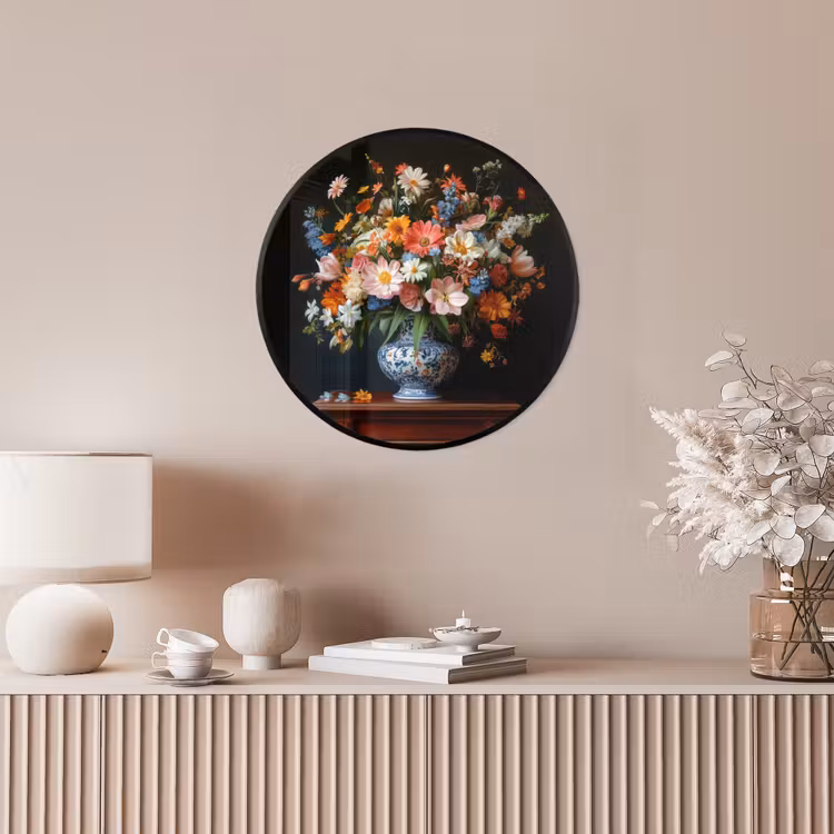 Boeket - Roze - Bloemen - Vaas Fotolijst rond zonder passe partout klein -sfeer3
