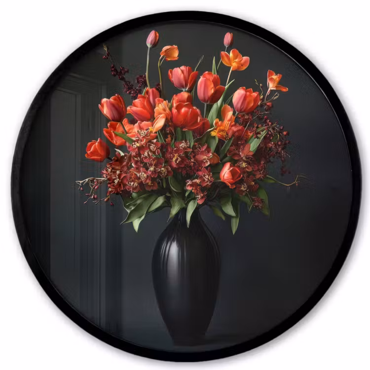 Boeket - Tulpen - Vaas - Rood Fotolijst rond zonder passe partout klein -3d