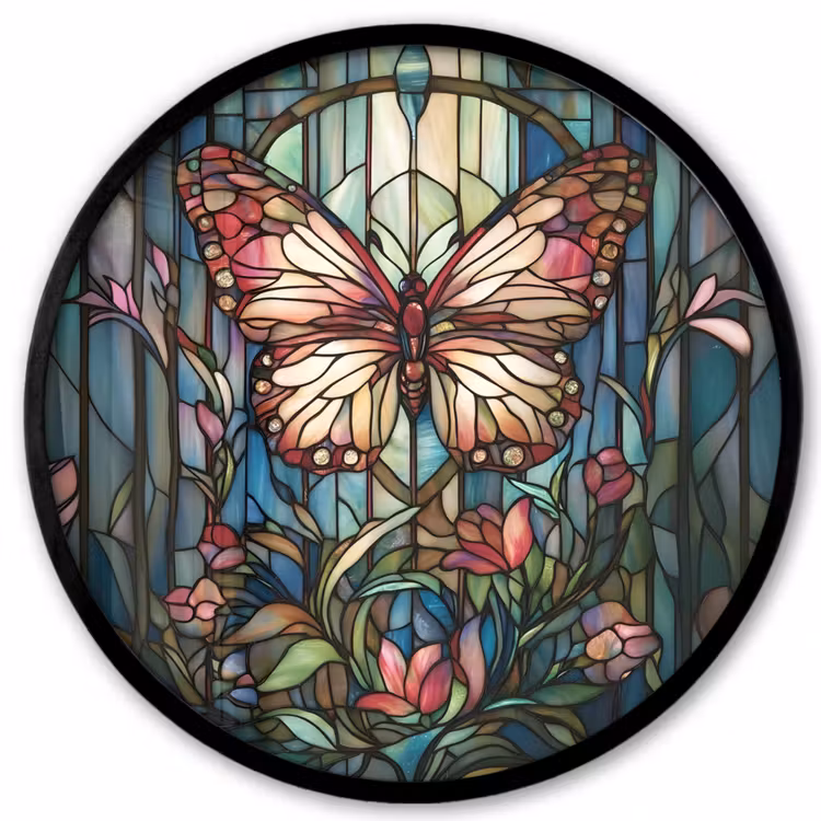 Vlinder - Roze - Bloemen - Bladeren Fotolijst rond zonder passe partout klein -3d