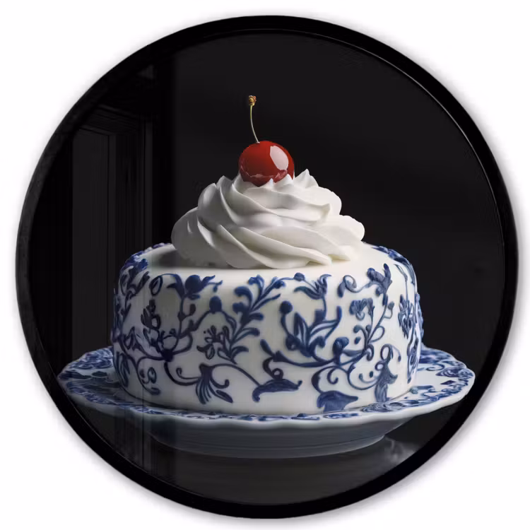 Taart - Slagroom - Kers - Bord - Delfts blauw Fotolijst rond zonder passe partout klein -3d