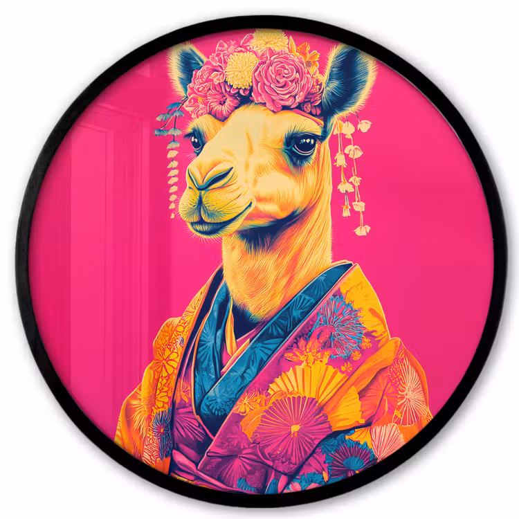 Kameel - Bloemen - Kimono - Waaiers Fotolijst rond zonder passe partout klein -3d