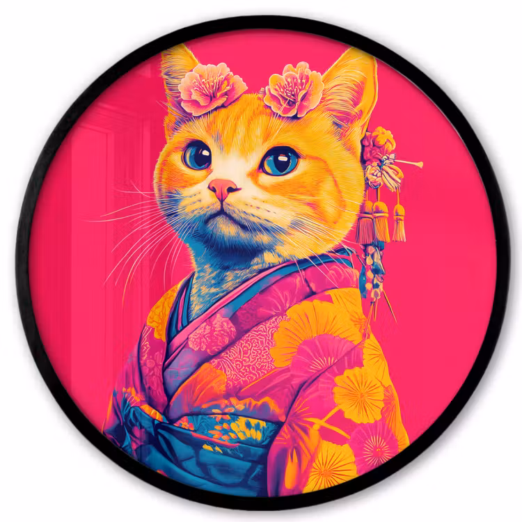 Kat - Kimono - Bloemen - Roze Fotolijst rond zonder passe partout klein -3d