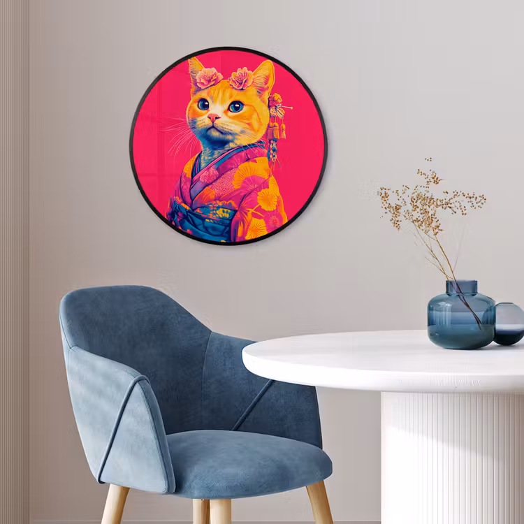 Kat - Kimono - Bloemen - Roze Fotolijst rond zonder passe partout klein -sfeer2