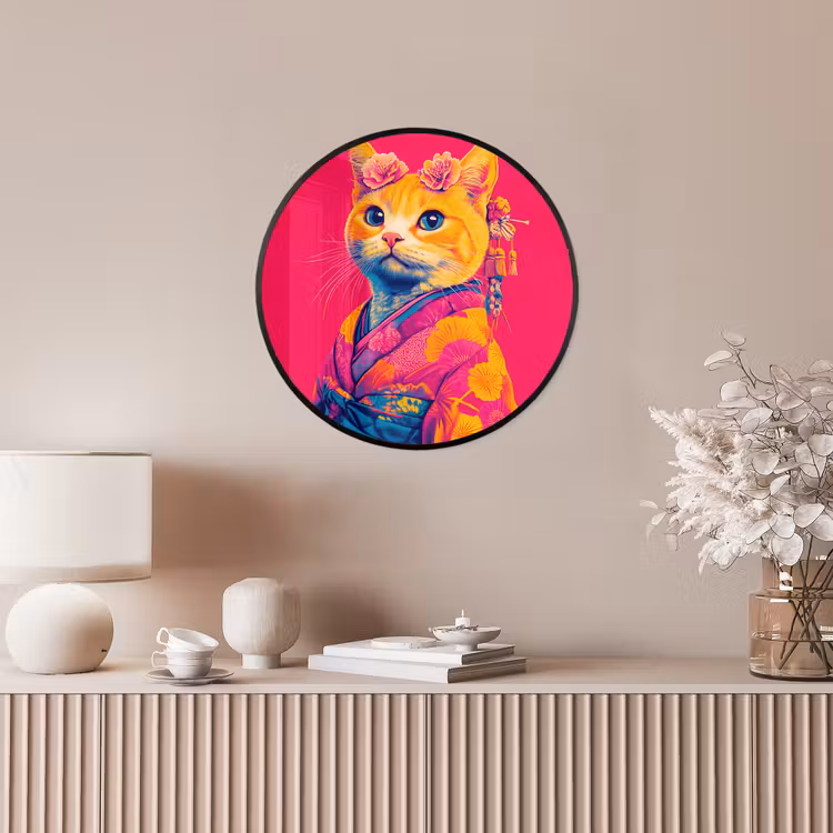 Kat - Kimono - Bloemen - Roze Fotolijst rond zonder passe partout klein -sfeer3