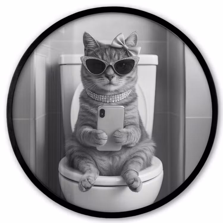Kat - Telefoon - Toilet - Zwart - Wit Fotolijst rond zonder passe partout klein -3d