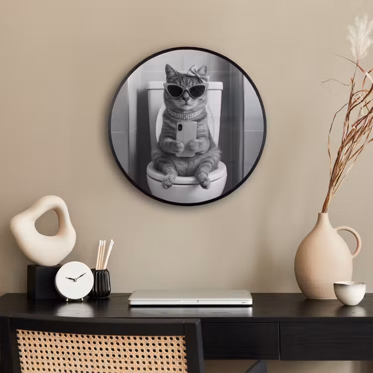 Kat - Telefoon - Toilet - Zwart - Wit Fotolijst rond zonder passe partout klein -sfeer1