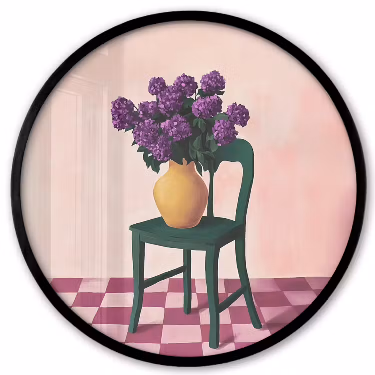 Stoel - Vaas - Bloemen - Geblokt Fotolijst rond zonder passe partout klein -3d