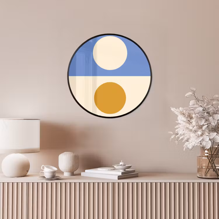 Cirkels - Symmetrisch - Wit - Blauw- Geel Fotolijst rond zonder passe partout klein -sfeer3