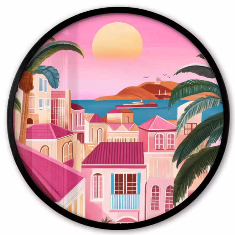 Stad - Roze - Palmbomen Fotolijst rond zonder passe partout klein -3d