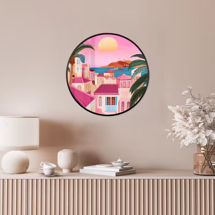 Stad - Roze - Palmbomen Fotolijst rond zonder passe partout klein -sfeer3